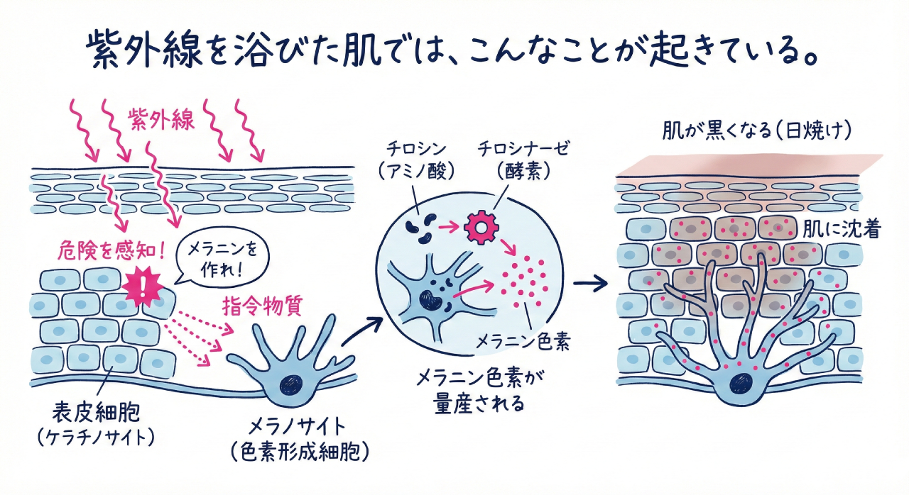 紫外線を浴びた肌では、こんなことが起きている。
