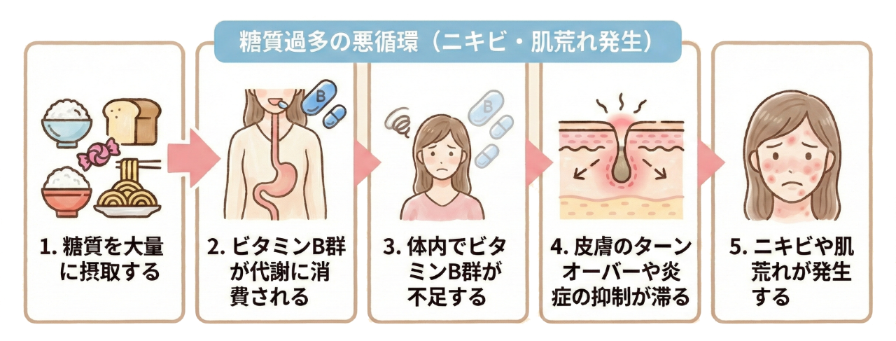糖質を大量に摂取する → ビタミンB群が代謝に消費される → 体内でビタミンB群が不足する → 皮膚のターンオーバーや炎症の抑制が滞る → ニキビや肌荒れが発生する