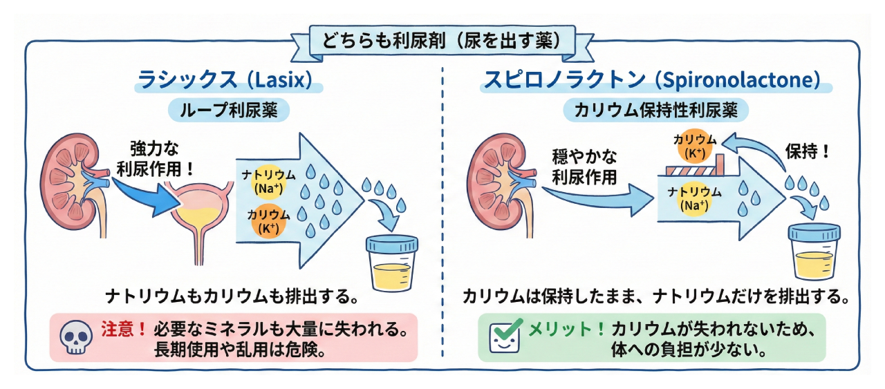 ラシックスとスピロノラクトンの違いを図解
同じ利尿剤でも作用が違う
ナトリウムとカリウムの排出に注目